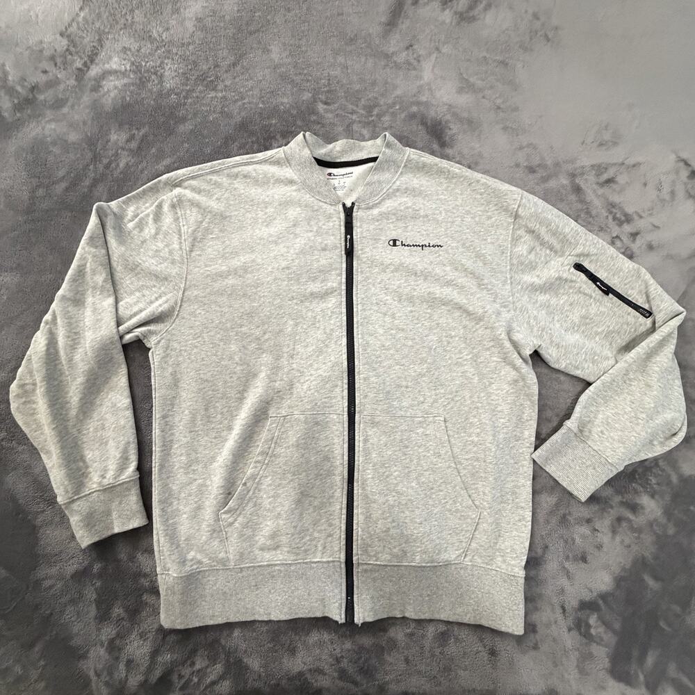 Champion Full Zip Sweatshirt Gray Crew Neck Knit Men's Long Sleeve Size L